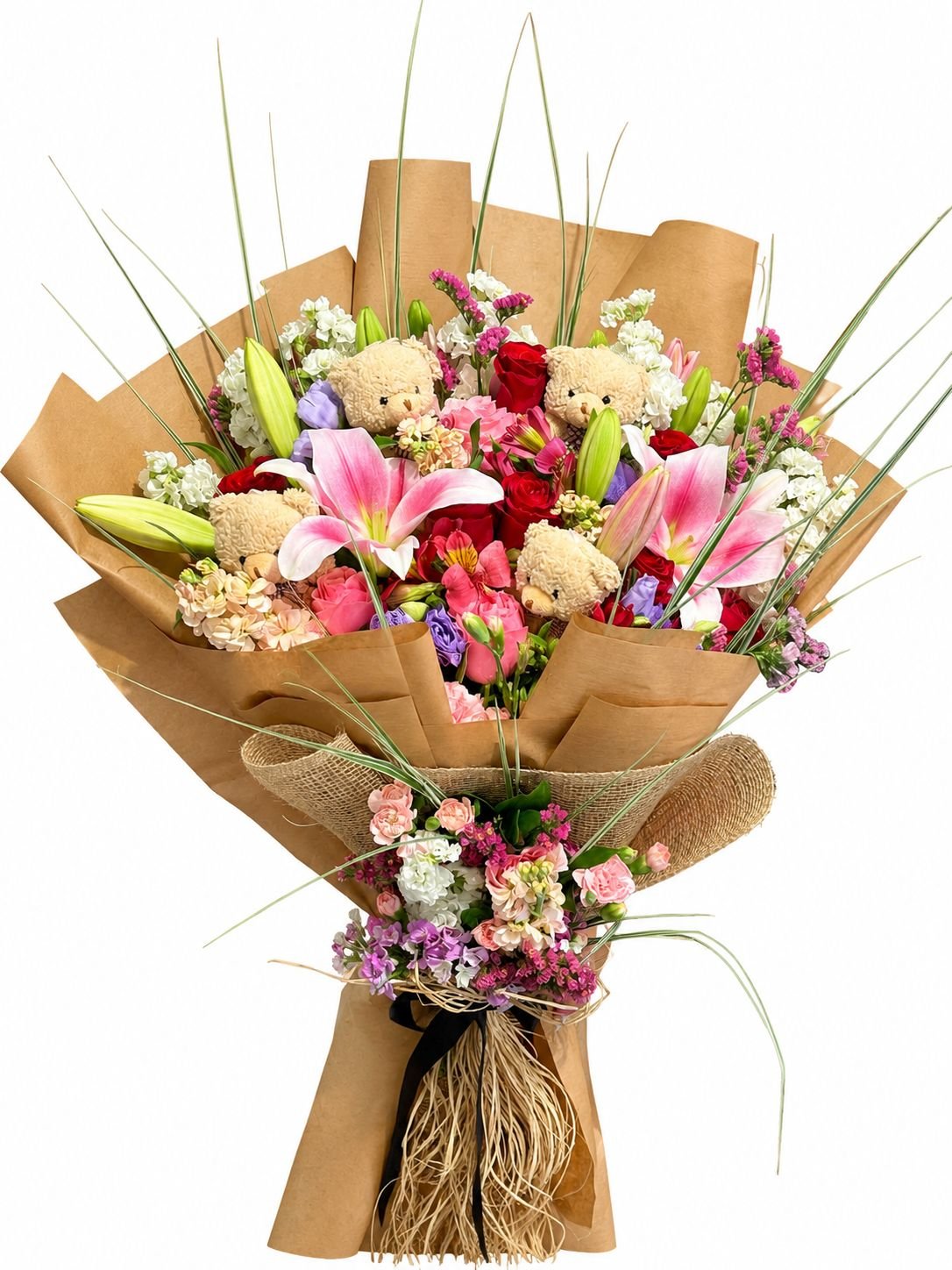 Ayıcıklı Pembe Lilyum ve Gül Buketi – Özel Tasarım