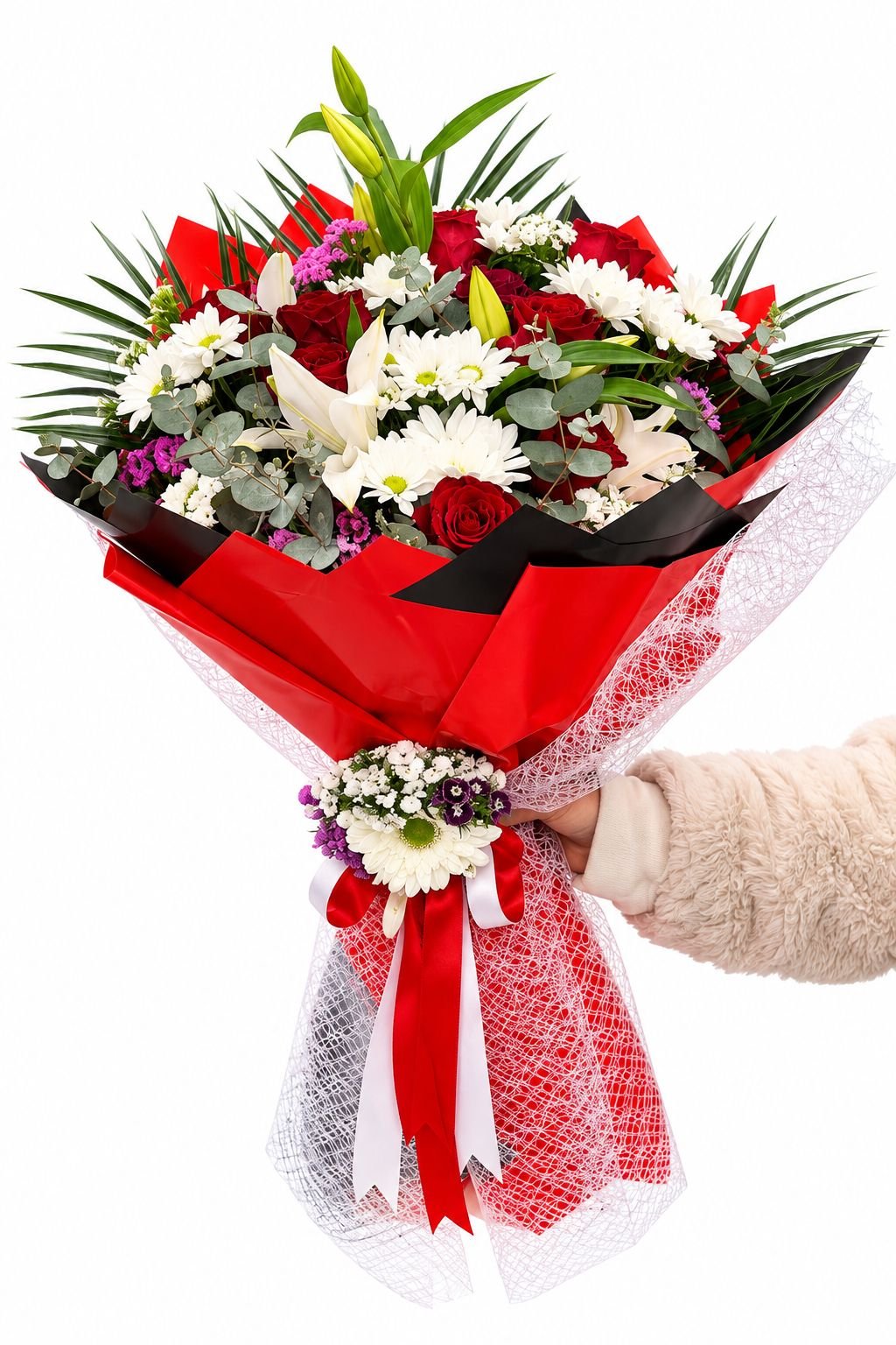 Kırmızı Gül ve Beyaz Lilyum Buketi