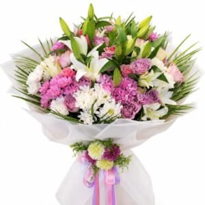 Premium lilyum, gül ve krizantem buketi